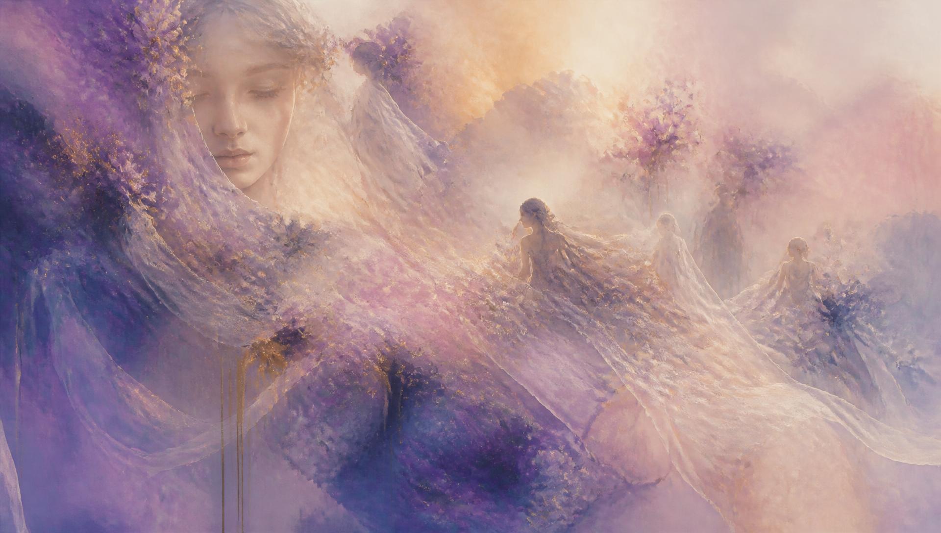 Dreamlike painting of veiled figures dissolving into lavender and gold mist